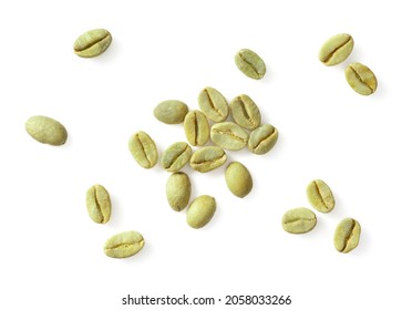 Dried Green Coffee Beans Isolated On White Background, Top View