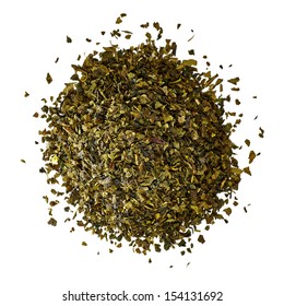 Dried Green Tea Leaves Pile From Top Isolated On White Background