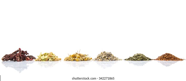 Dried Herbal Tea Leaves, Lavender, Rooibos, Chamomile, Linden Flower, Hibiscus, Japanese Green Tea Over White Background