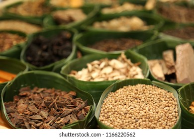 Dried Herbs In Banana Leaf Tray For Sacrificial Offering Or Alternative Medicine Asian Thai Traditional Style.