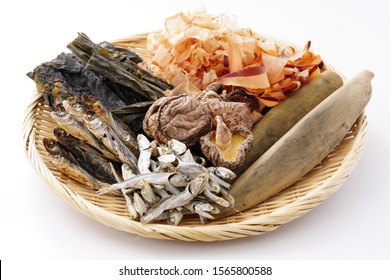 dried kelp, dried shiitake mushroom, boiled and dried sardines, grilled flying fish and bonito flakes. 