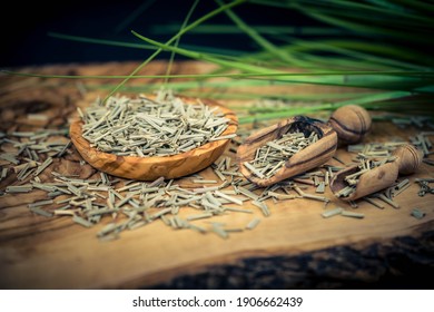 Dried Lemongrass On Olive Wood