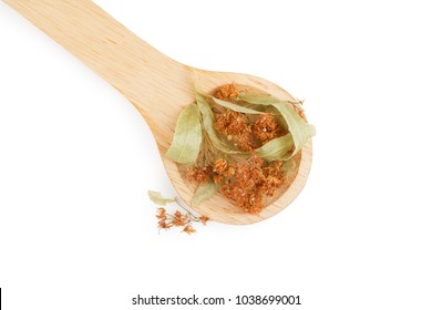 Dried linden blossom in wooden spoon isolated on white background, top view.