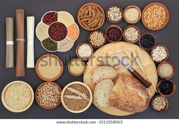 Dried macrobiotic diet health food with\
sourdough bread, soba and udon noodles, legumes, seaweed, grain,\
cereal, seeds and whole wheat pasta. High in smart carbs, protein,\
fibre and antioxidants.