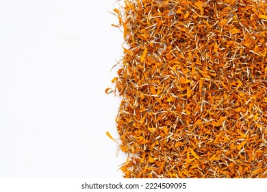 Dried Marigold Flower Petals On White Background. Flower Herbal Tea Concept.