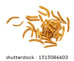 Dried mealworms, larvae of Tenebrio molitor. Edible insects here crisped and barbecue flavour. Isolated on white background. Protein.