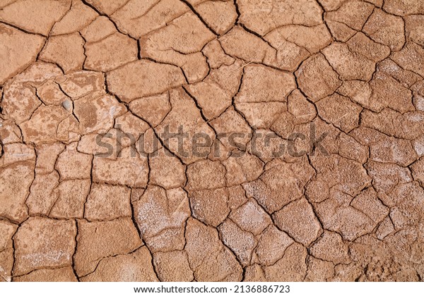 Dried mud surface - dry riverbed background.\
Drought in Morocco.