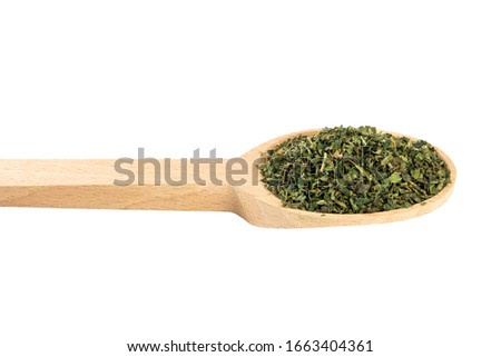 dried nettle herb or in latin Utricae folium in wooden spoon isolated on white background. medicinal healing herbs. herbal medicine. alternative medicine