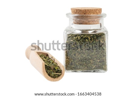 dried nettle herb or in latin Utricae folium in a glass jar and wooden scoop isolated on white background. medicinal healing herbs. herbal medicine. alternative medicine