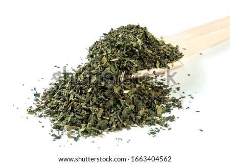 dried nettle herb or in latin Utricae folium in wooden spoon isolated on white background. medicinal healing herbs. herbal medicine. alternative medicine