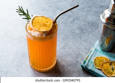 Dried Orange Cocktail With Foam, Rosemary And Metal Straw.