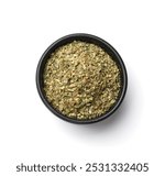 Dried oregano in bowl isolated on white, top view