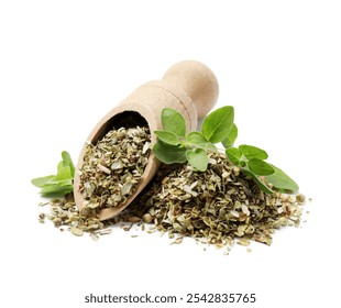 Dried oregano, green leaves and wooden scoop isolated on white - Powered by Shutterstock