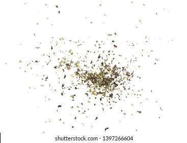 Dried oregano, spice pile isolated on white background, top view
