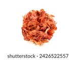 Dried Organic Mace isolated on white background top view. Spices of Kerala. Beautiful orange colored and aromatic mace (aril) of Nutmeg (Myristica fragrans). NUTMEG FLOWERS OR MACE MACRO SHOT. 