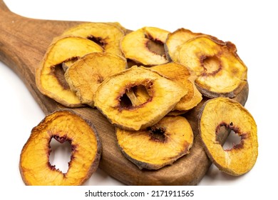 Dried Peach Slices. Sliced Dry Peach Isolated On White Background. Sun-dried Fruit. Close Up