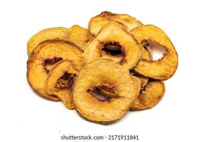 Dried Peach Slices. Sliced Dry Peach Isolated On White Background. Sun-dried Fruit. Close Up