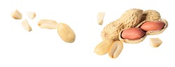 Dried Peanut Crushed Falling Peanut Isolated On White Background, Clipping Path  Natural Nutrition  Organic Food.

