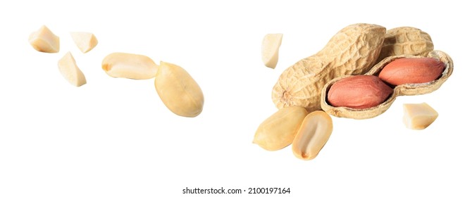 Dried peanut crushed Falling peanut isolated on white background, clipping path  Natural nutrition  organic food.
				