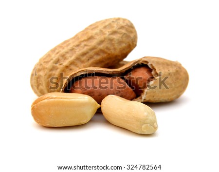 Dried peanuts in closeup on white