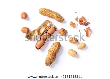 Dried peanuts isolated on white background. Top view. Flat lay.