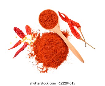 Dried Peppers And Cayenne Pepper On White Background,Top View