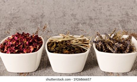 Dried Plants Parts In Bowls. Lavender, Lemongrass, Green Tea And Rose Petals. Self Made Potpourri.