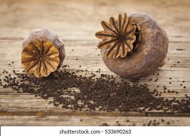 Dried poppy pods and seeds on rustic wooden table closeup