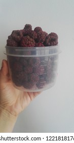 
dried raspberry in hand in a container