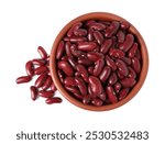 Dried red beans in bowl isolated on white, top view