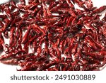 Dried red chili isolated on white background. Thai spice hot pepper chili ingredient cooking, top angle view drying chilis background