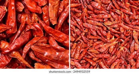 Dried red chili isolated on white background. Thai spice hot pepper chili ingredient cooking, top angle view drying chilis background - Powered by Shutterstock