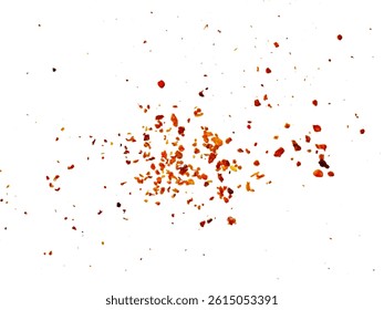 Dried red chili powder flying. Grainy scatterings of spicy burst . Splashes of red pepper powder.Overlay effect chilli or paprika spice splatters.