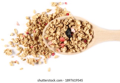 Dried red fruits cereal mix, fruity and crunchy muesli with raspberry, strawberry, cherry chunks isolated on white background, top view - Powered by Shutterstock