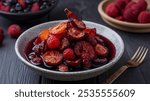 Dried, in Red Wine Syrup: Fruit dried and then soaked in a rich red wine syrup, creating a flavorful and elegant dessert or topping.