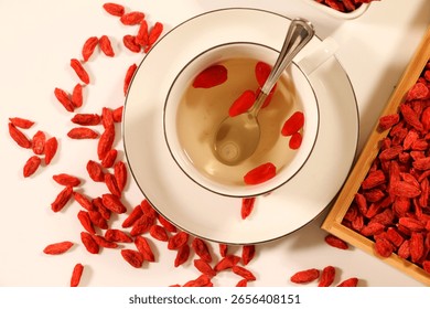 Dried red wolfberries and tableware
