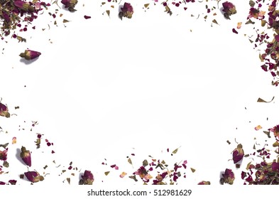 Dried Rose Petal Tea On Border With Empty Space