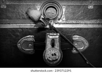 A dried rose with the stem set through he latch of a vintage suitcase. - Powered by Shutterstock