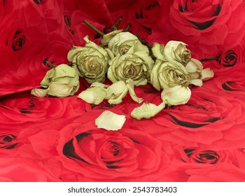 Dried roses lie atop a vibrant red background, with pale petals scattered as if frozen in time, creating a haunting contrast fit for Halloween’s dark - Powered by Shutterstock