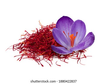 Dried Saffron Spice With Flower Isolated On White Background