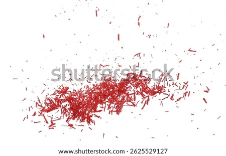 Dried saffron threads spice flying, isolated on white background, Crocus sativus, clipping path	