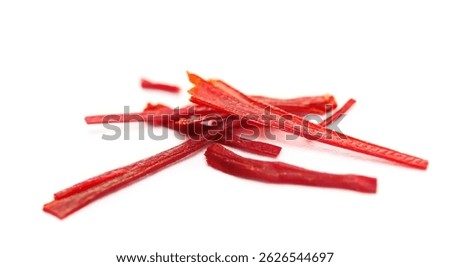 Dried saffron threads spice, isolated on white background, Crocus sativus, clipping path, macro	