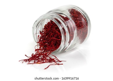 Dried Saffron In Transparent Tiny Jar, Studio Shot