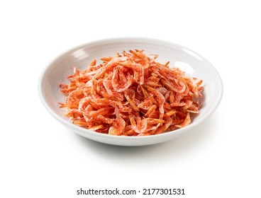 Dried Sakura Shrimps On A Plate Placed On A White Background. Image Of Japanese Food. 