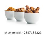 Dried salted insect. Mealworms, grasshoppers and crickets in bowl isolated on a white background.