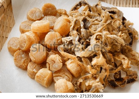 Dried scallop. dried scallop adductor and scallop strings