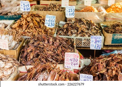 Dried Seafood On Sale In A Thai Street Market In Bangkok, Thailand