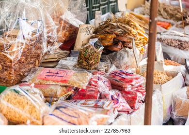 Dried Seafood On Sale In A Thai Street Market In Bangkok, Thailand