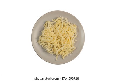 Dried shredded squid on a plate, white background.