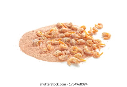 Dried shrimps and ground shrimps isolated on white background 